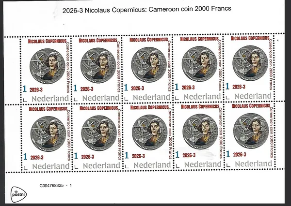 Netherlands 2026-3 Nicolaus Copernicus coin on stamp Cameroon sheet MNH