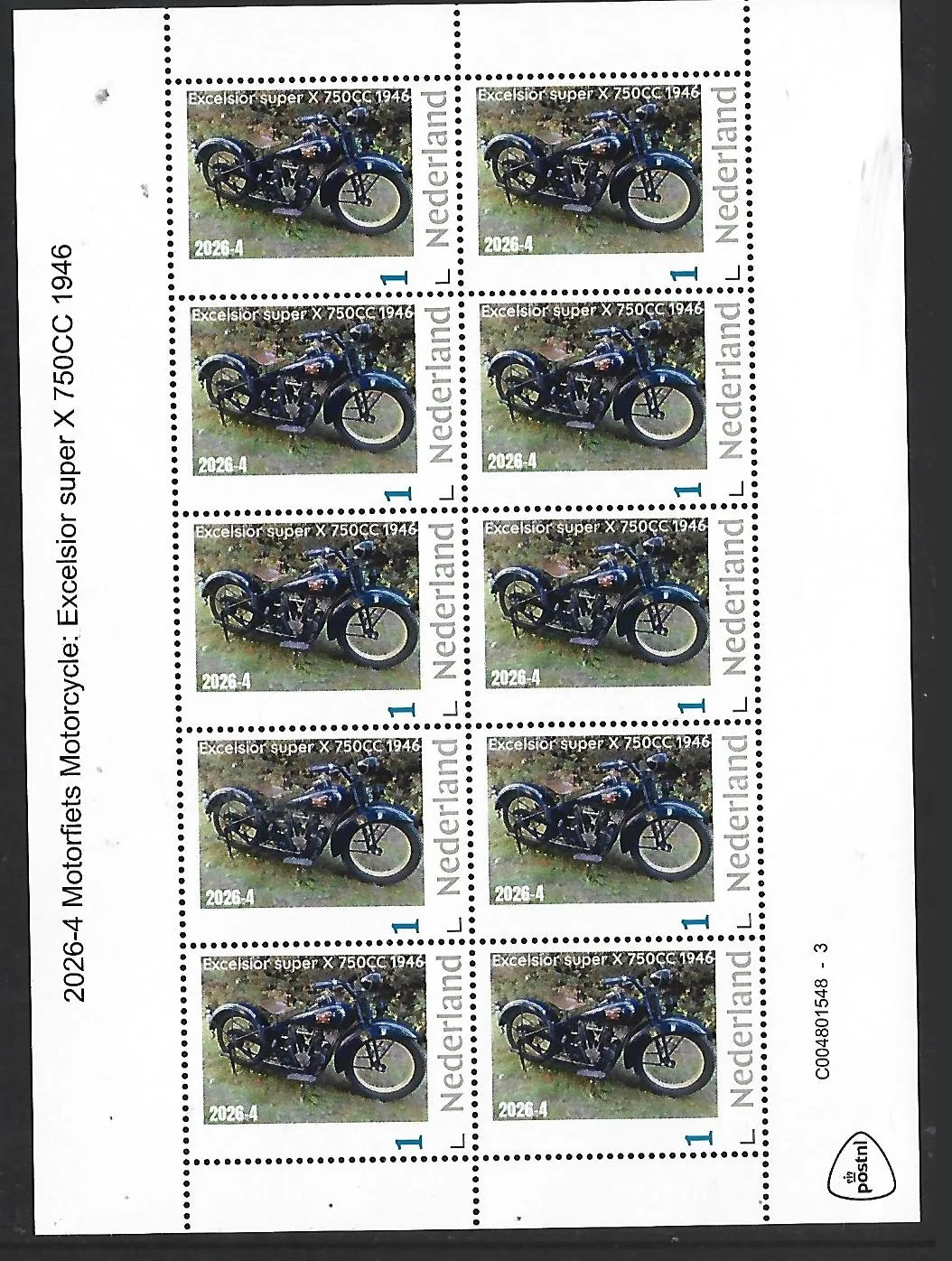 Nederland 2026-4 Motorfiets Motorcycle: Excelsior super X 750CC sheet postfrs/mnh