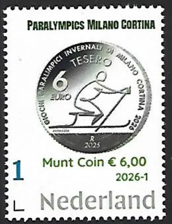 Nederland 2026-1 Paralympics munt coin on stamp €6 Italy postfris/mnh