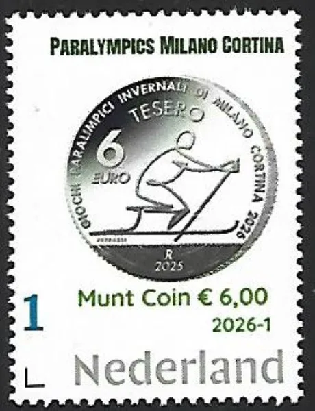 Nederland 2026-1 Paralympics munt coin on stamp €6 Italy postfris/mnh