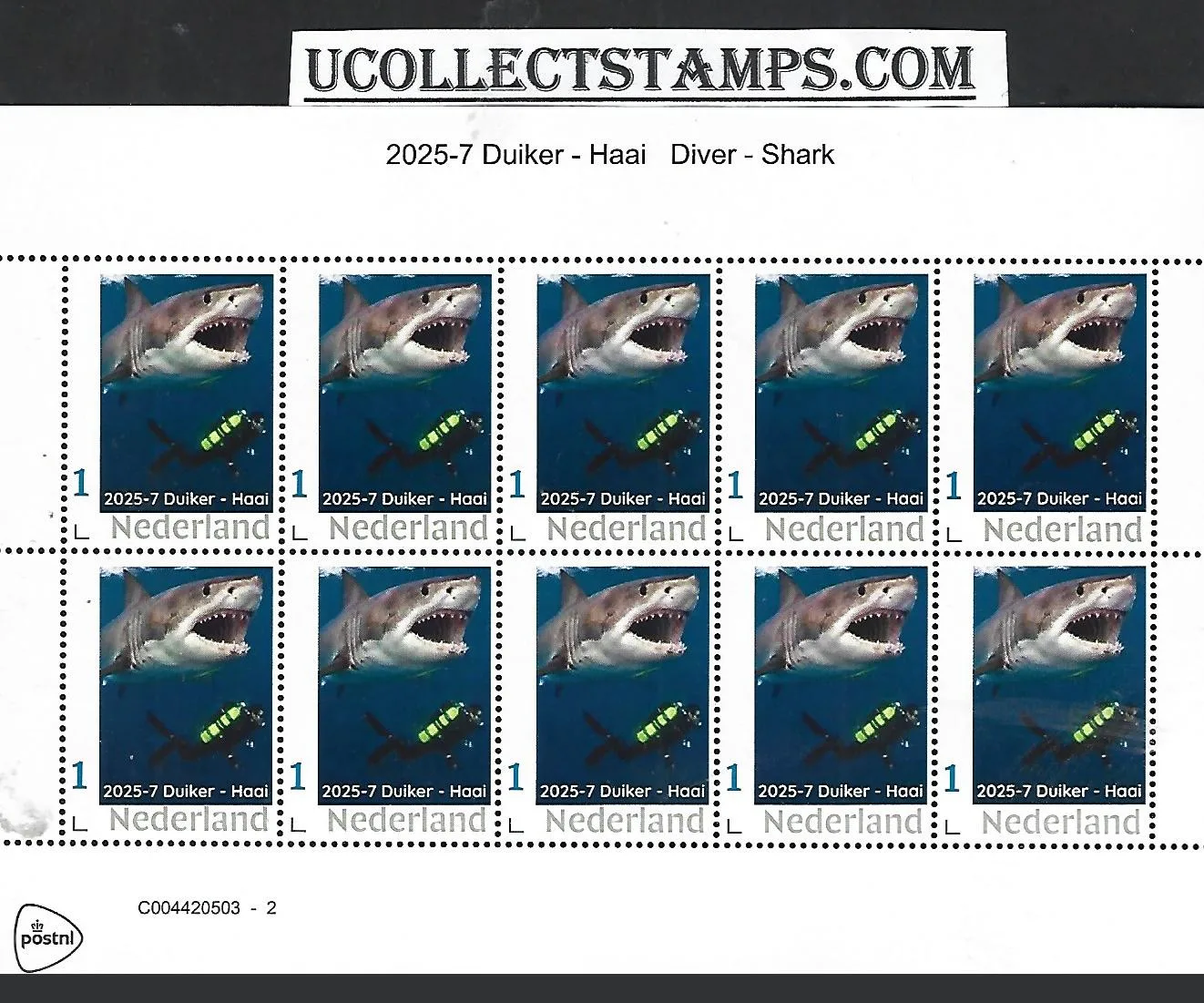 Nederland 2025-7 Haai Diver Shark : Duiker-m Haai sheet postfris/mnh