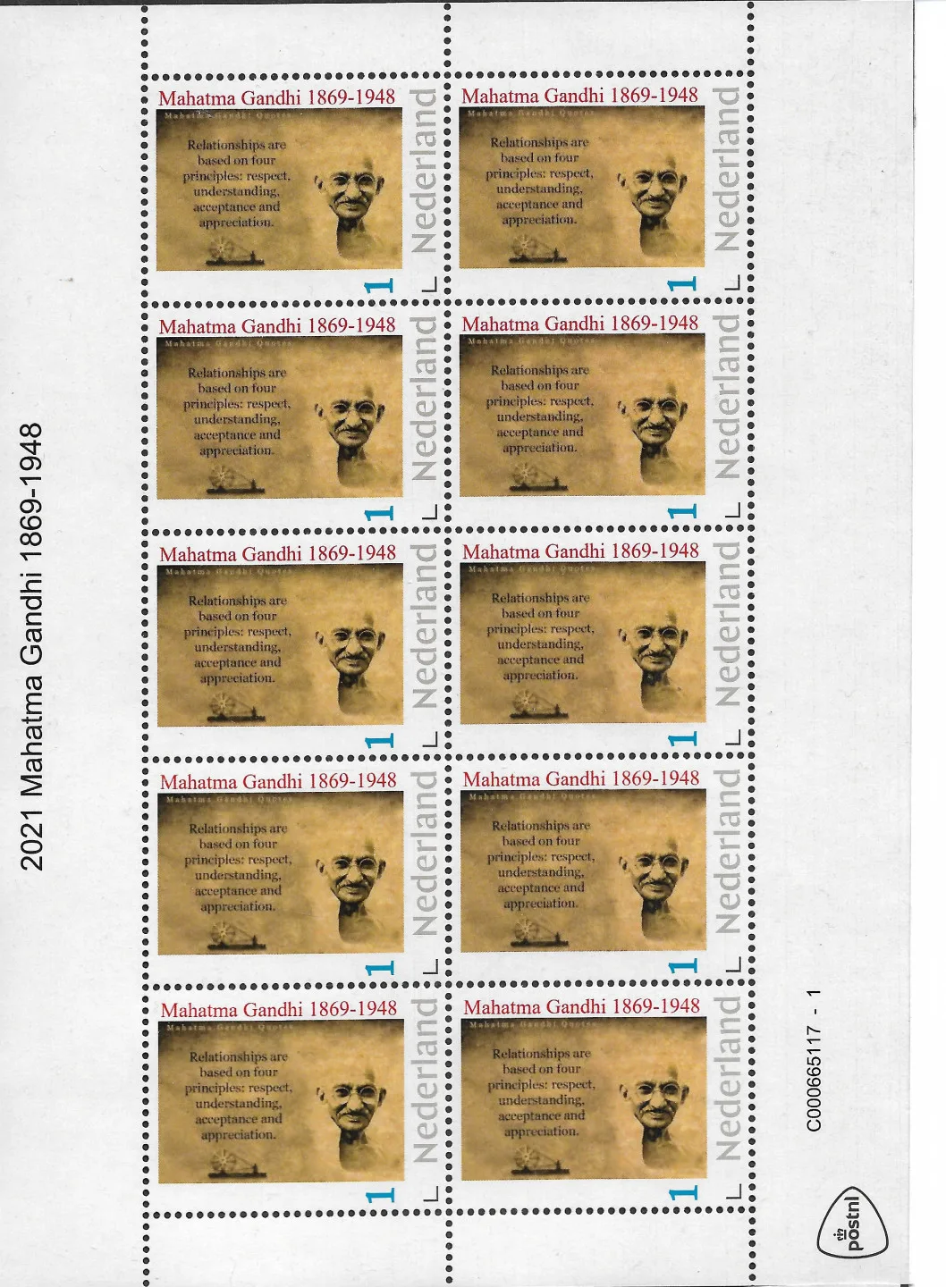Niederlande 2021-1 Mahatma Gandhi Zitat-Blockausgabe postfrisch/ungebraucht