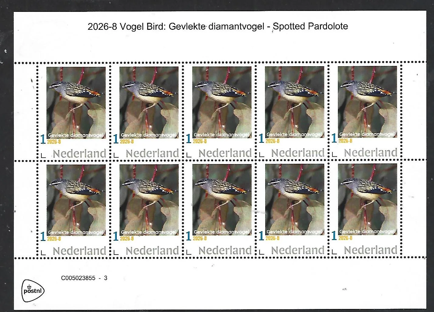 Nederland 2026-8 Vogel Bord: Gevl. diamantvogel Spotted Pardalote sheet postfris/mnh