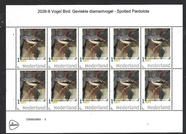 Nederland 2026-8 Vogel Bord: Gevl. diamantvogel Spotted Pardalote sheet postfris/mnh
