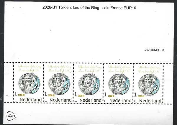 Netherlands 2026-B1 Tolkien Lord of the Ring coin on stamp Gold 1 stamp sheetlet MNH