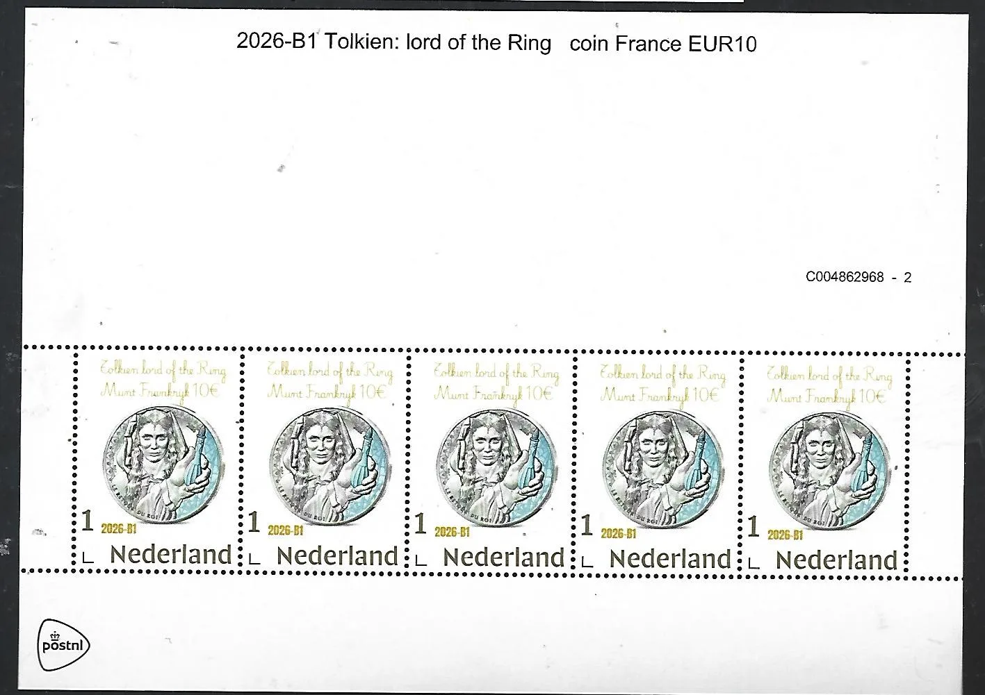 Nederland 2026-B1 Tolkien Lord of the Ring coin on stamp Gold 1 stamp sheetlet postfris/mnh