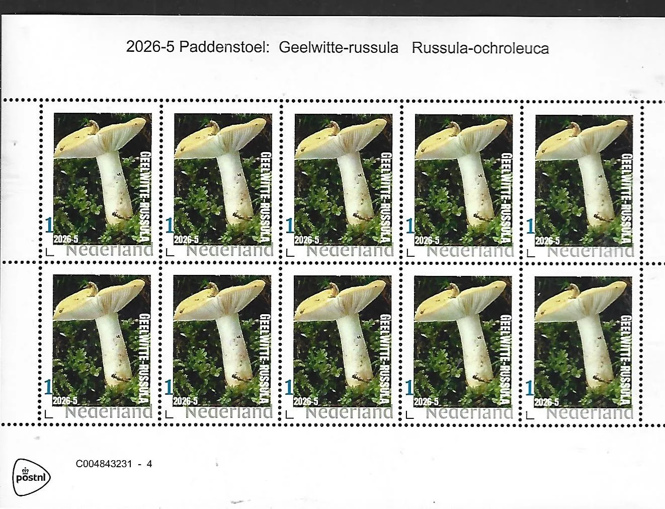 Nederland 2026-5 Paddenstoel Mushroom: Geelwitte russulia sheetlet postfris/mnh