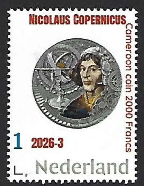 Nederland 2026-3 Nicolaus Copernicus coin on stamp Cameroon postfris/mnh