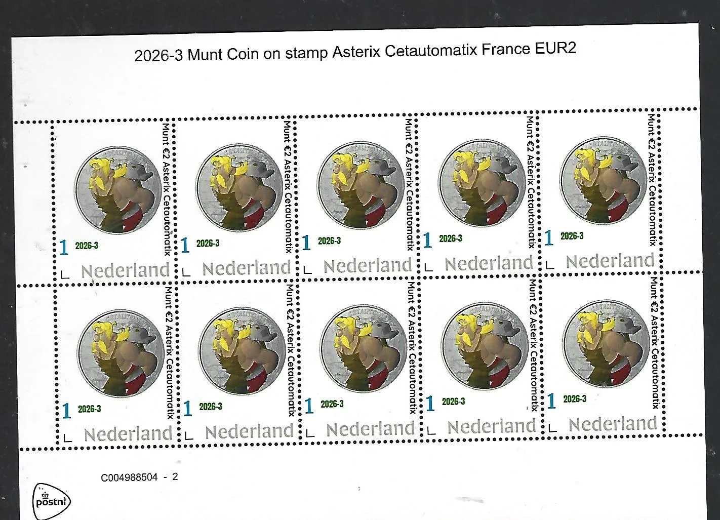 Nederland 2026-3 Coin on stamp Asterix Cetautomatix France €2 sheet postfris/mnh