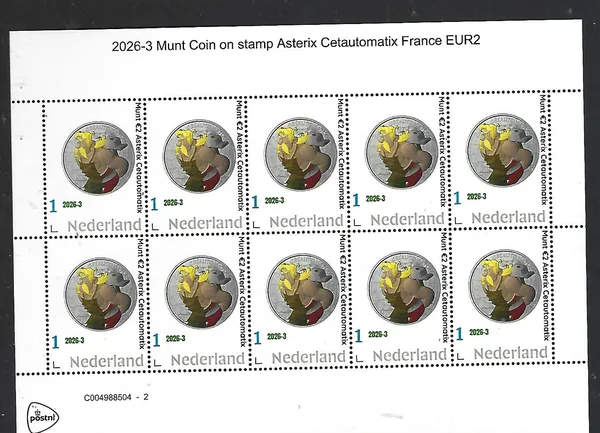 Nederland 2026-3 Coin on stamp Asterix Cetautomatix France €2 sheet postfris/mnh