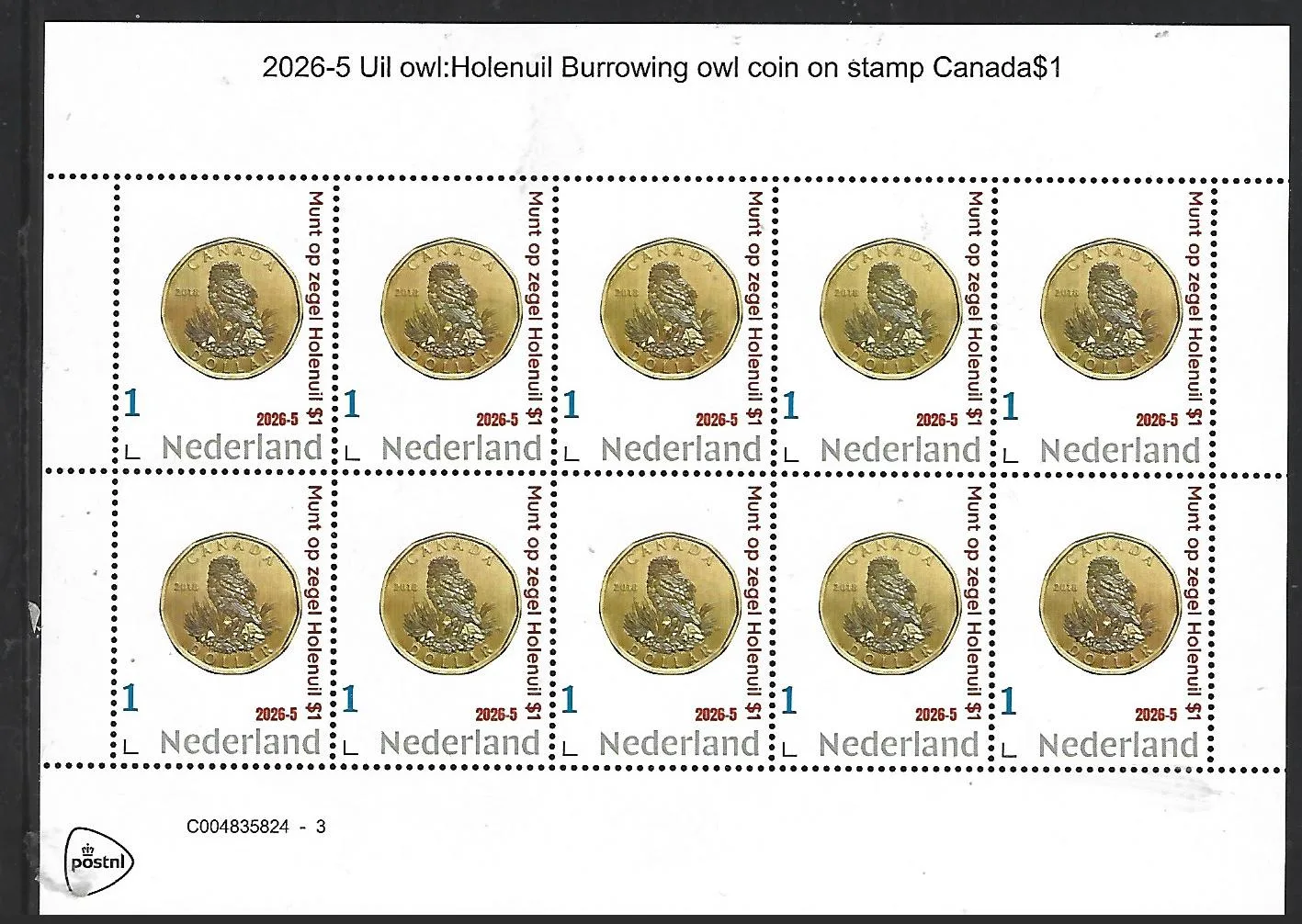 Netherlands 2026-5 Burrowing Owl coin on stamp sheet MNH