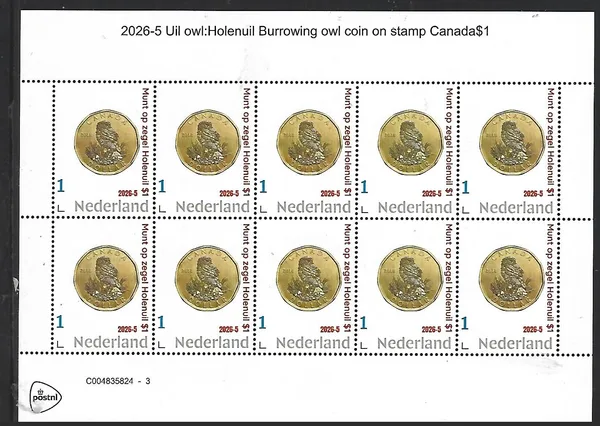 Nederland 2026-5 Uil Owl: Burrowing owl Holenuil munt op zegel sheet postfris/mnh