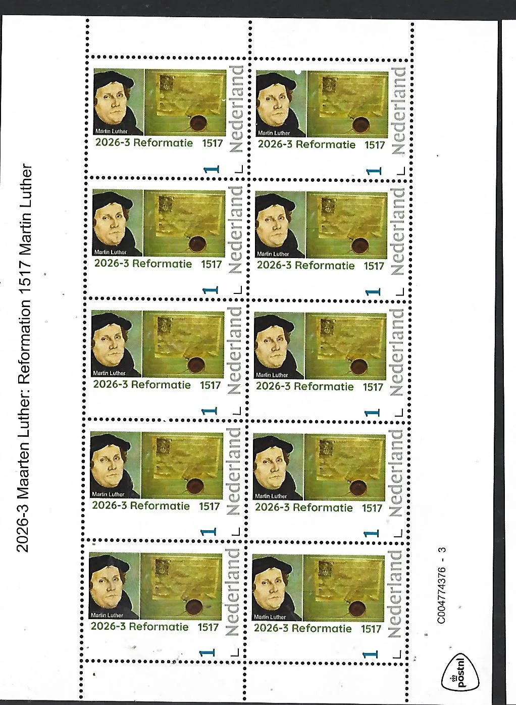 Nederland 2026-3 Maarten Luther: Luther Martin-Porträt-Ablassbrief sheet postfris/mnh