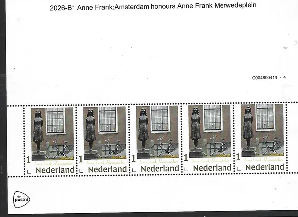 Nederland 2026-B1 Anne Frank: Amsterdam Honours Anne Frank Merwedeplein GOLD1 sheet MISPRINT mnh