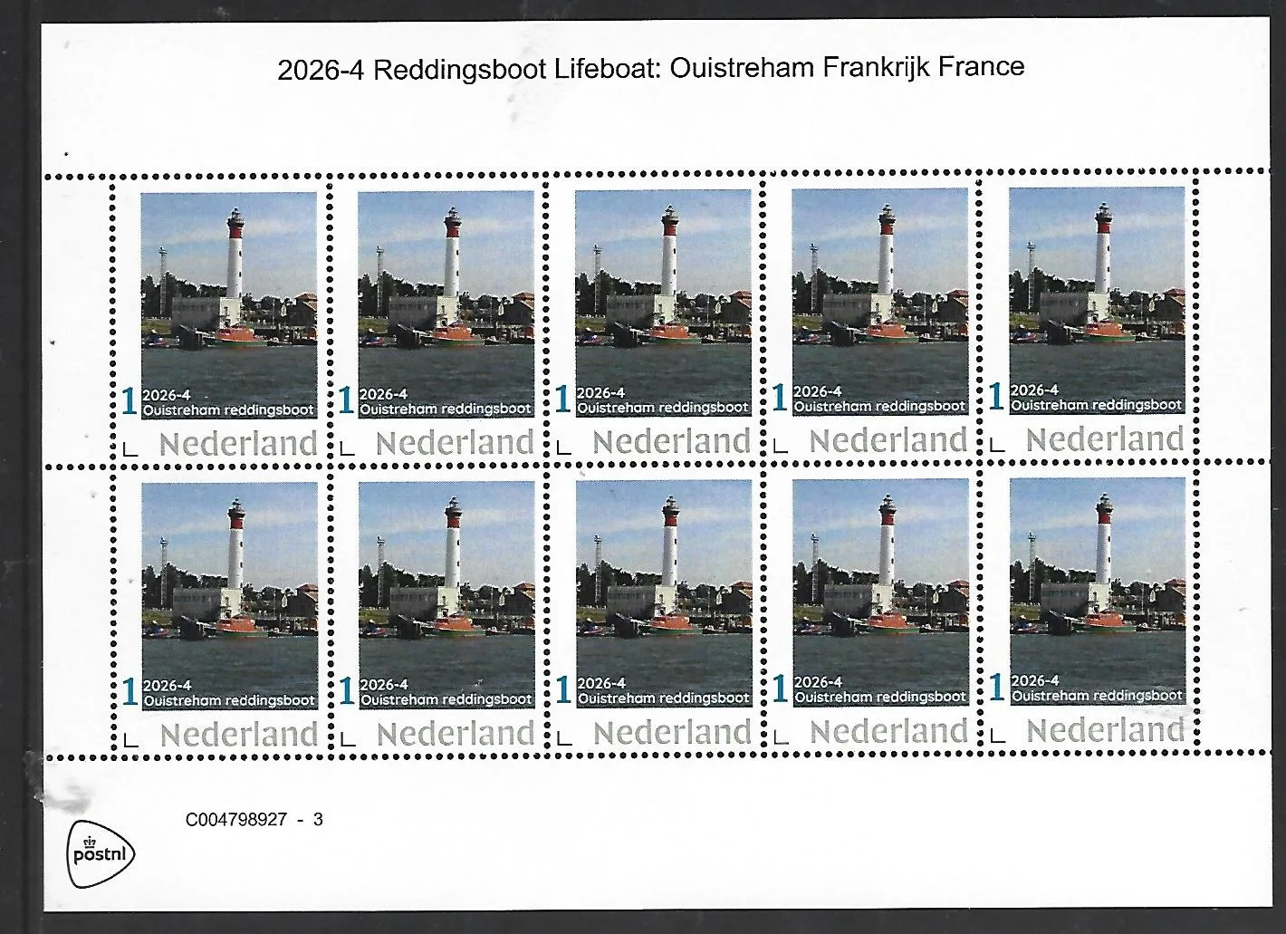 Nederland 2026-4 Reddingsboot lifeboat: Ouistreham France lighthouse sheet postfrs/mnh