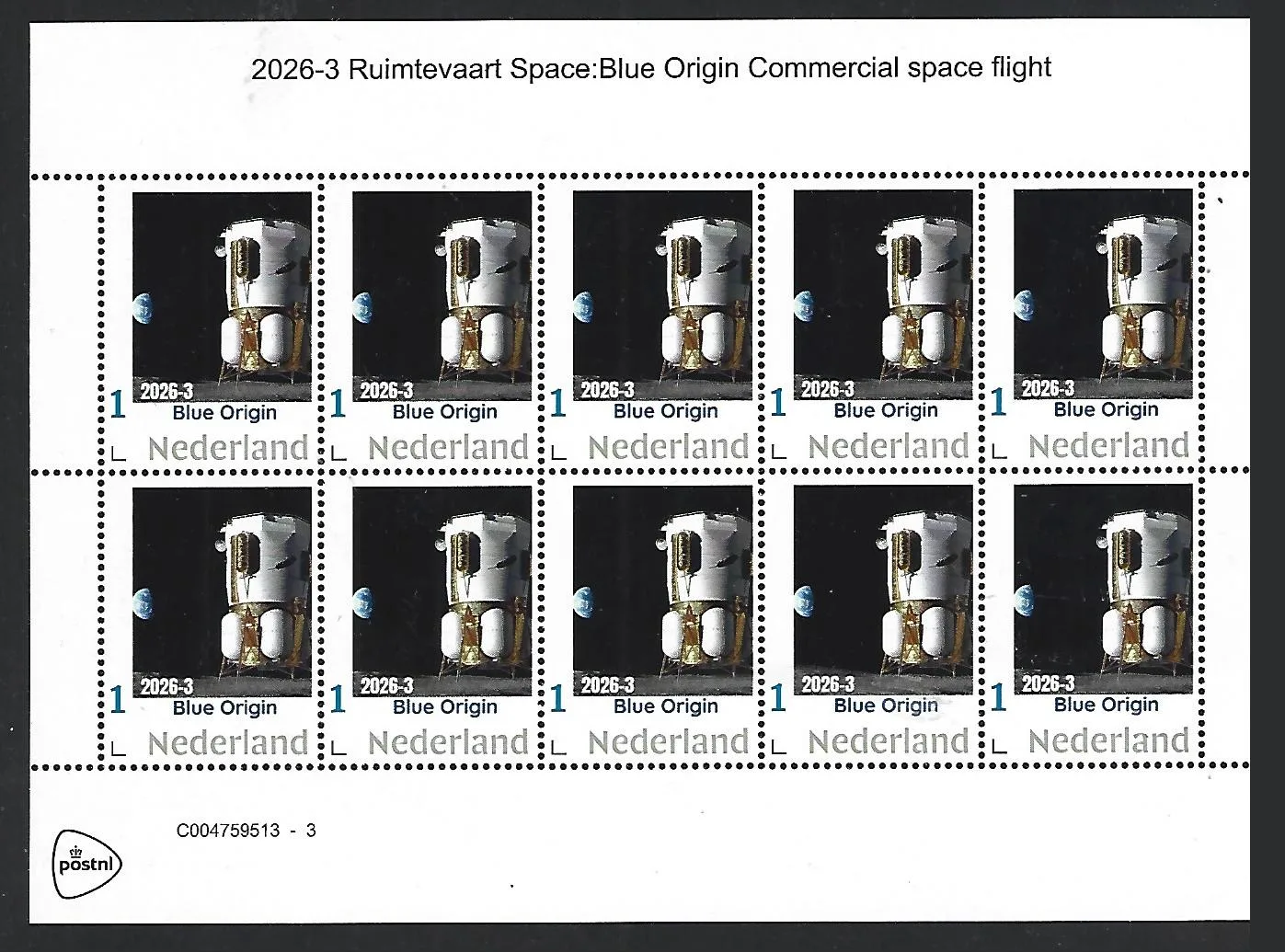 Nederland 2026-3 Ruimtevaart Space: Blue Origin 1e Commercial space flight sheet postfris/mnh