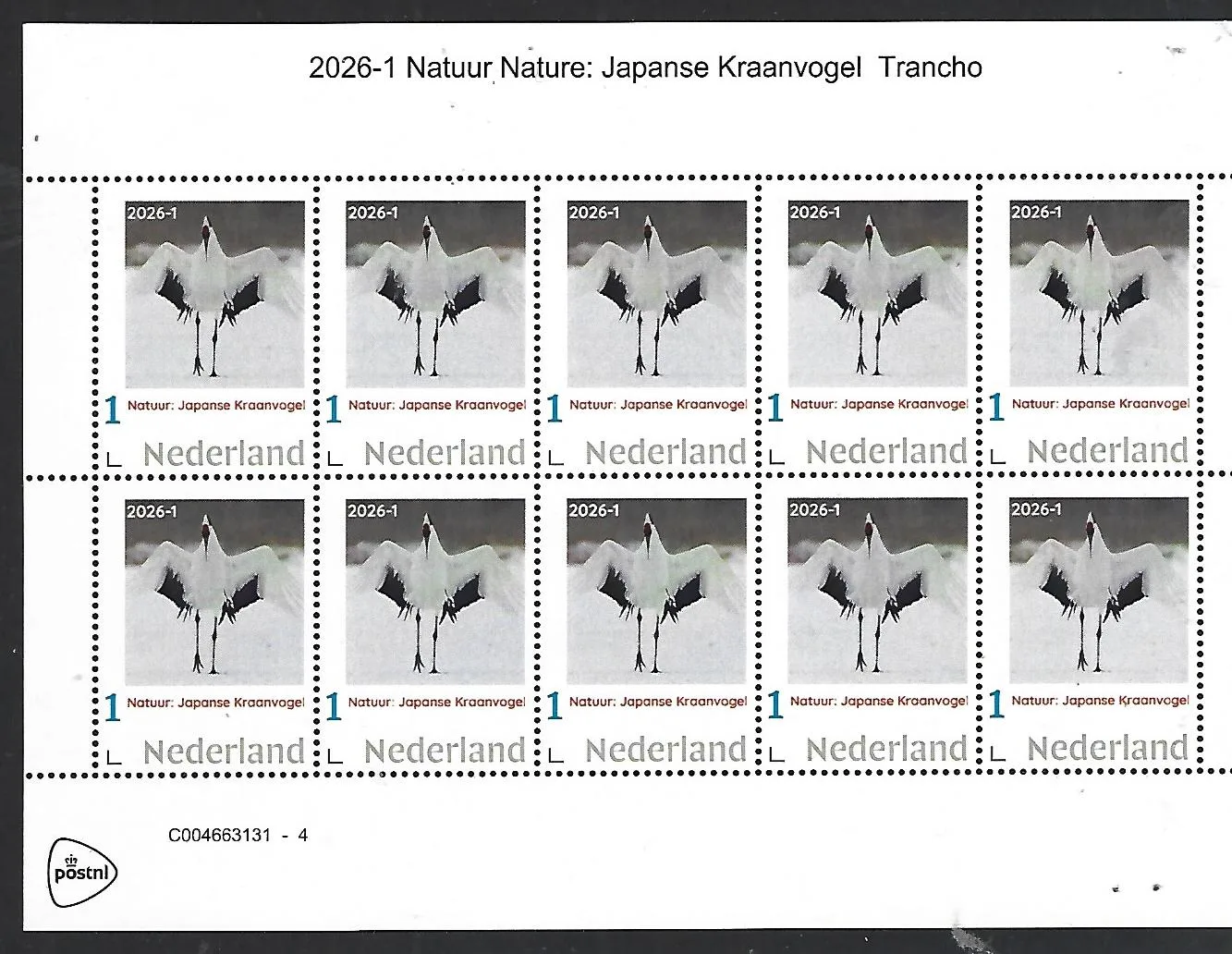 Nederland 2026-1 Nature Kraanvogel Japanese Crane sheet postfris/mnh