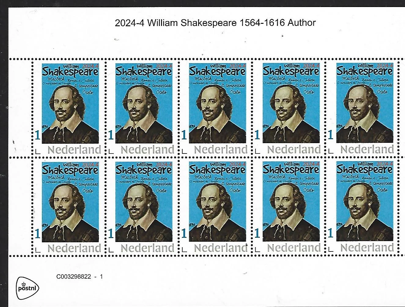 Pays-Bas 2024-4 William Shakespeare bloc-feuillet neuf/mnh