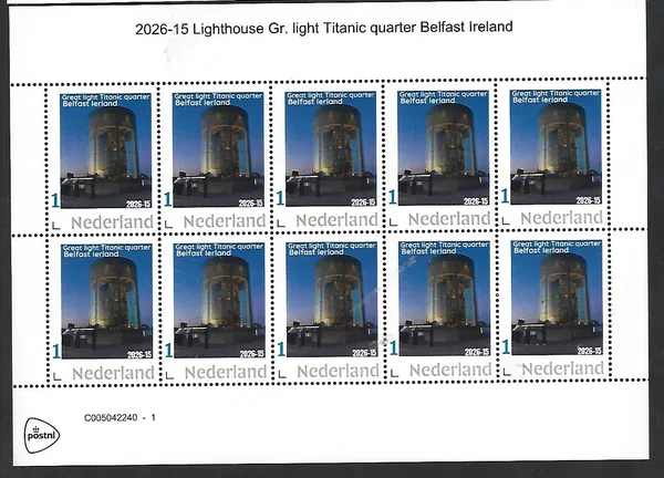 Netherlands 2026-15 Vuurtoren Lighthouse: Great Light Titanic sheet quarter MNH