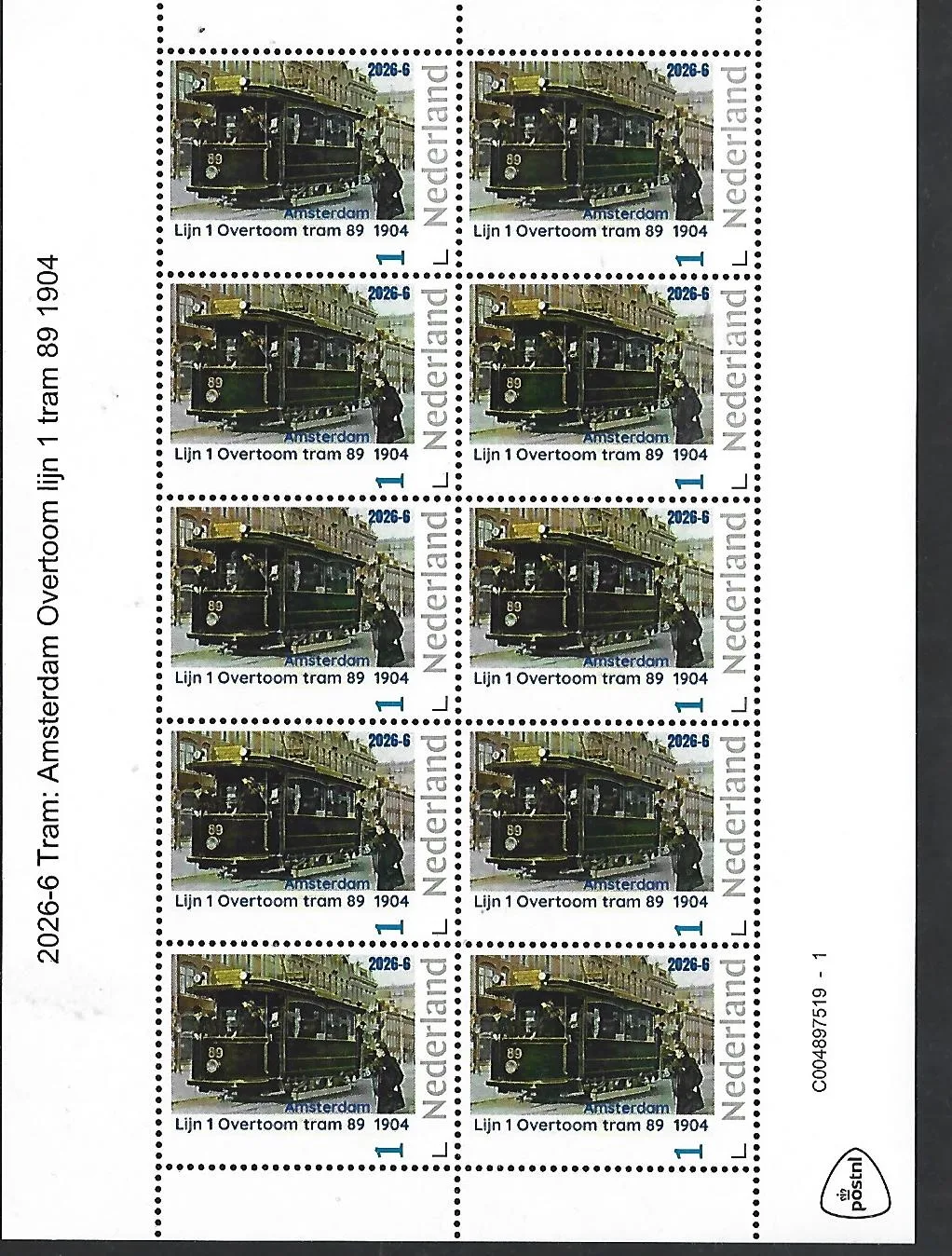 Nederland 2026-6 Tram: Lijn 1 Amsterdam Overtoom 1904 sheet postfris/mnh