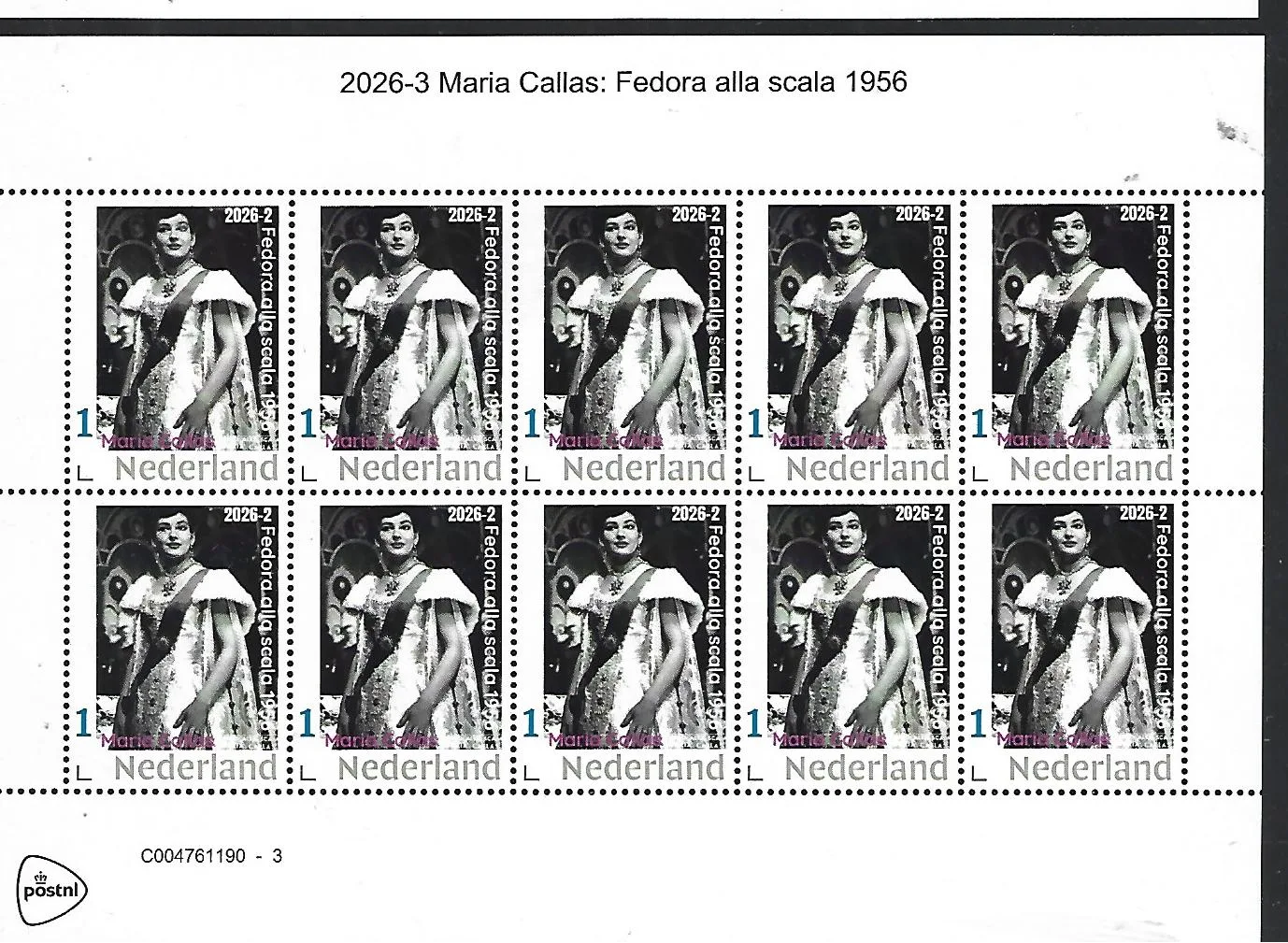 Netherlands 2026-2 Maria Callas: Fedora alla scala sheet MNH