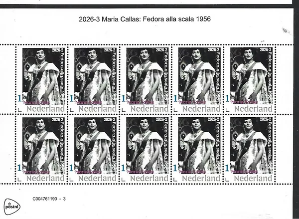 Nederland 2026-2 Maria Callas: Fedora alla scala sheet postfris/mnh