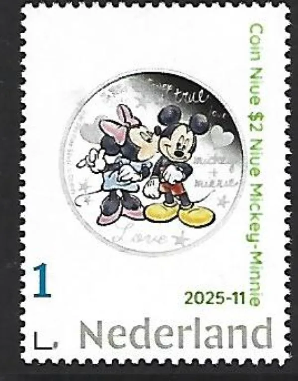 Nederland 2025-11 Coin on stamp Disney: Mickey-Minnie in love postfris/mnh
