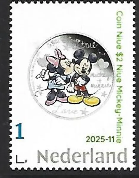 Netherlands 2025-11 Coin on stamp Disney: Mickey-Minnie in love MNH