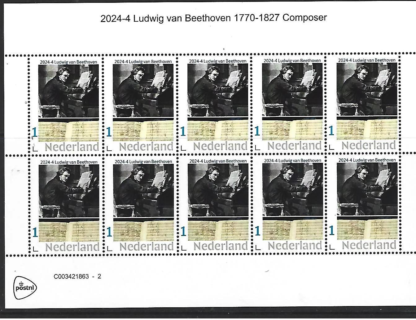Pays-Bas 2024-4 Ludwig van Beethoven orgue feuillet neuf/mnh
