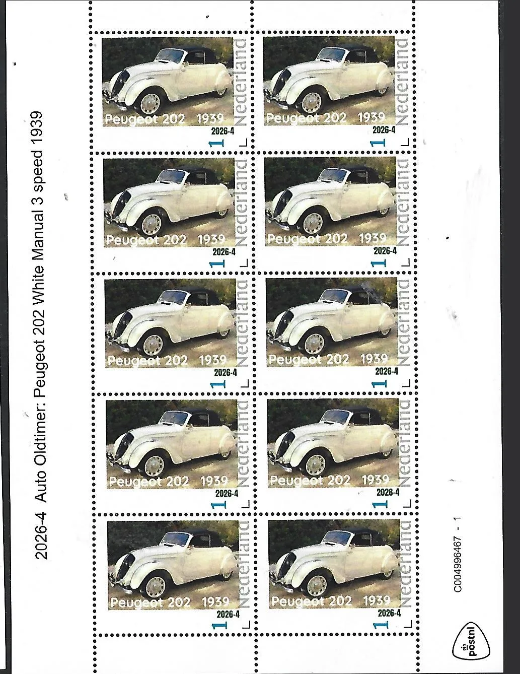 Netherlands 2026-4 Auto Oldtimer Car: Peugeot 202 1959 sheet MNH