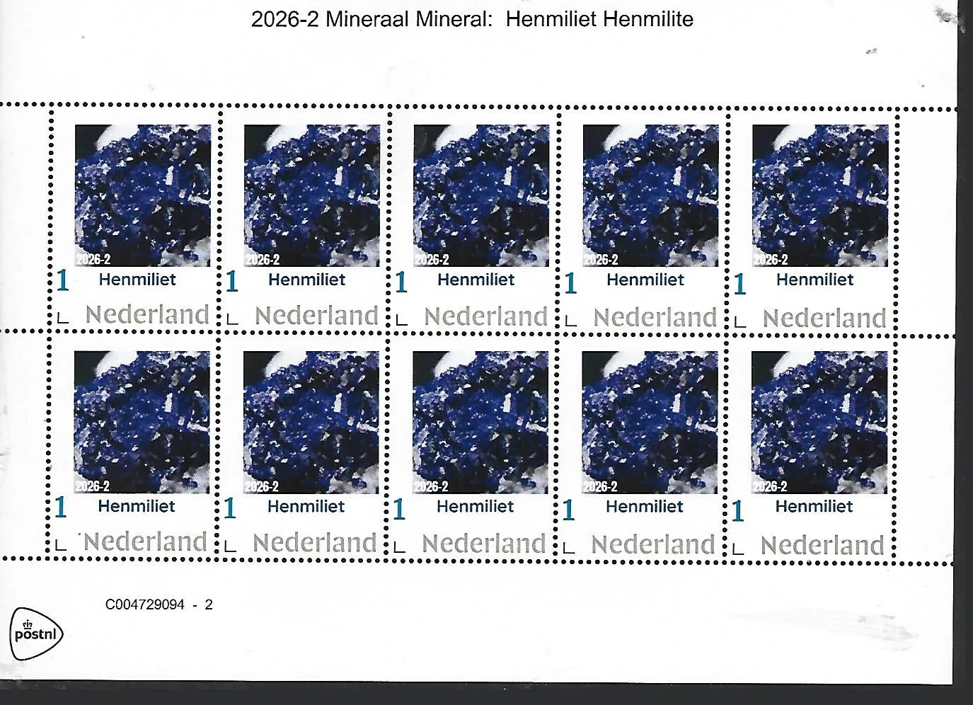 Netherlands 2026-2 Mineral: Henmillite Japan sheet MNH