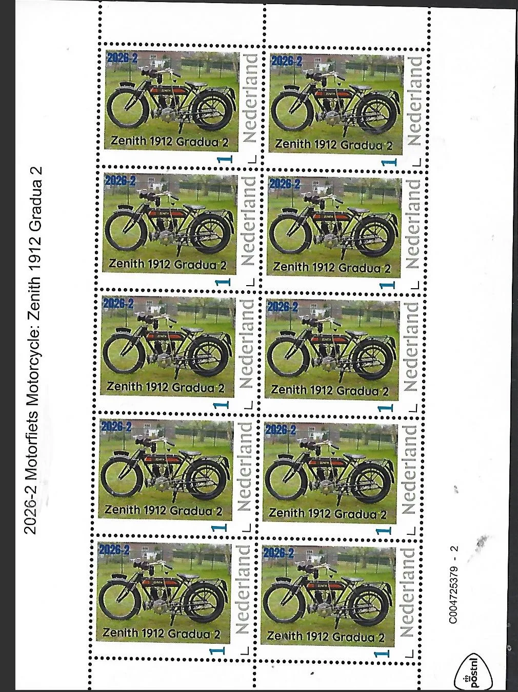 Netherlands 2026-2 Motorcycle: Zenith 1912 sheet MNH
