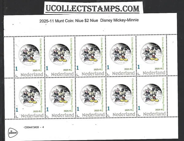 Netherlands 2025-11 Coin on stamp Disney: Mickey-Minnie sheet MNH