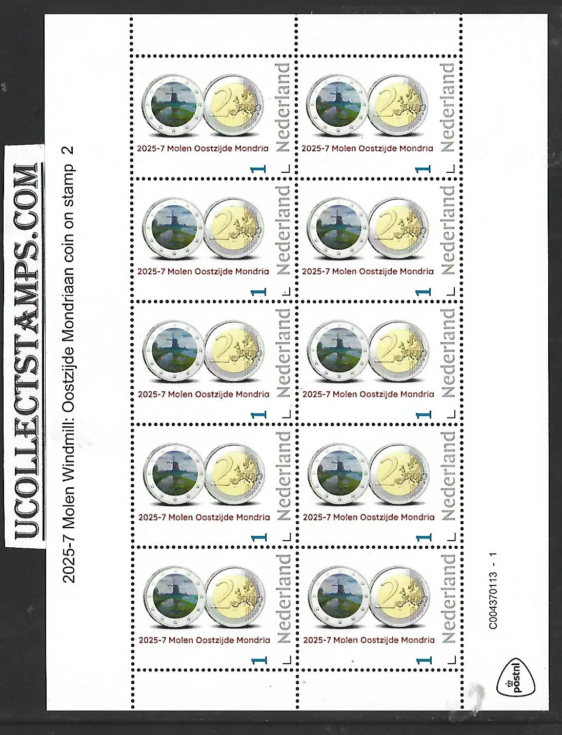 Netherlands 2025-7a Molen Windmill: Oostzijde Mondriaan coin on stamp sheet MNH