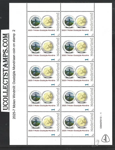Netherlands 2025-7a Molen Windmill: Oostzijde Mondriaan coin on stamp sheet MNH