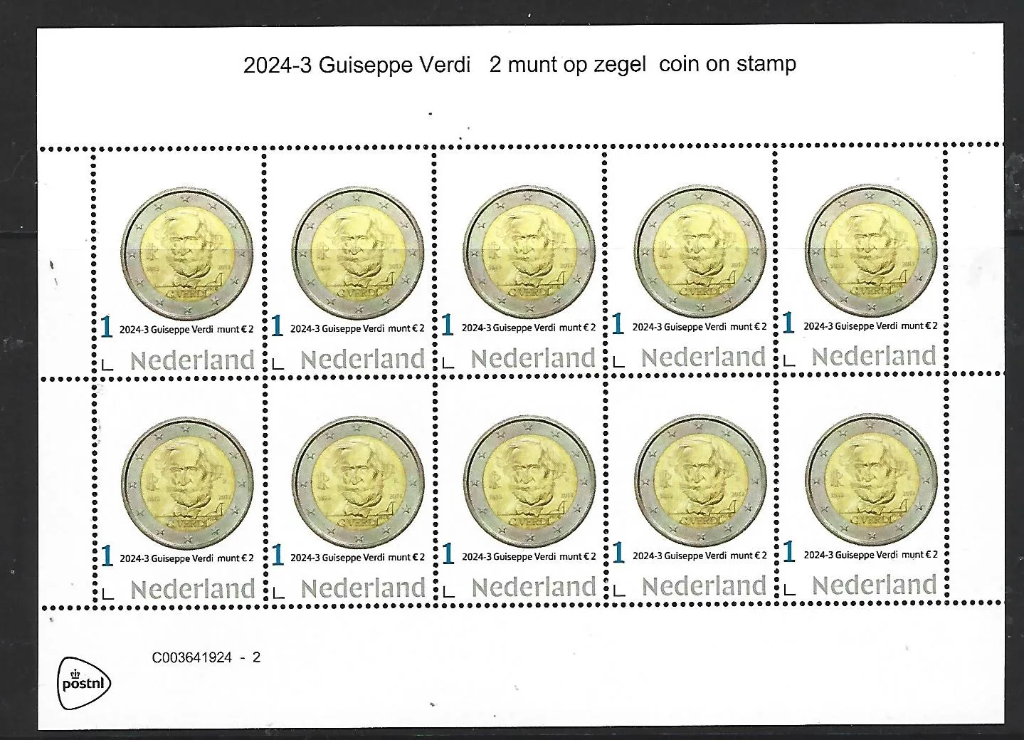 Pays-Bas 2024-3 Giuseppe Verdi pièce de 2 € Italie feuillet neuf/nh