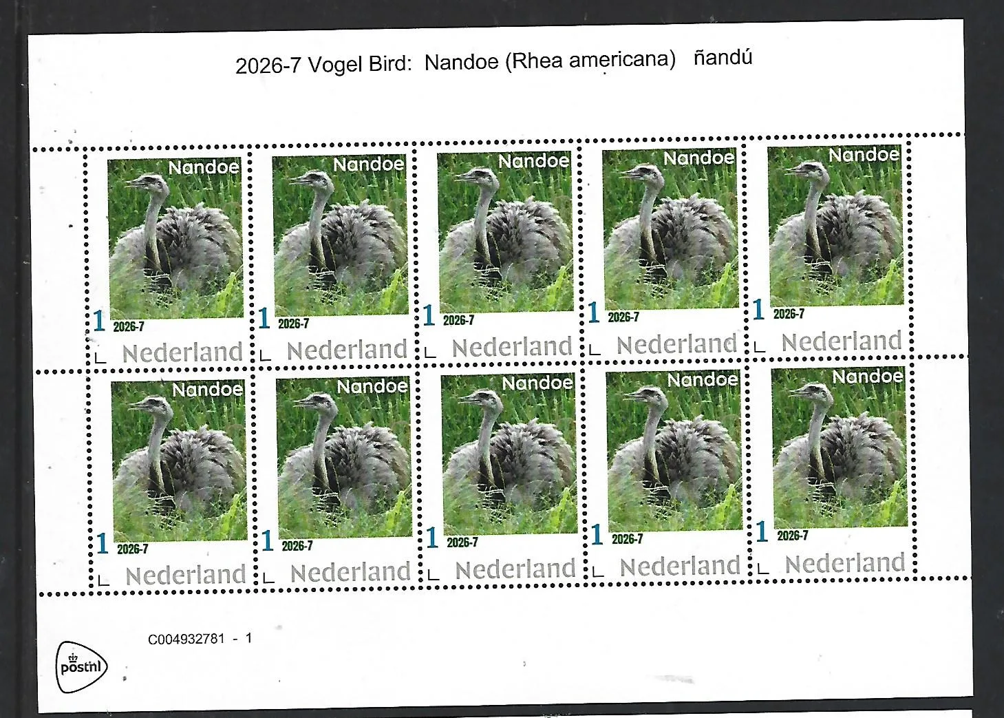 Netherlands 2026-7 Bird: Nandoe sheet MNH
