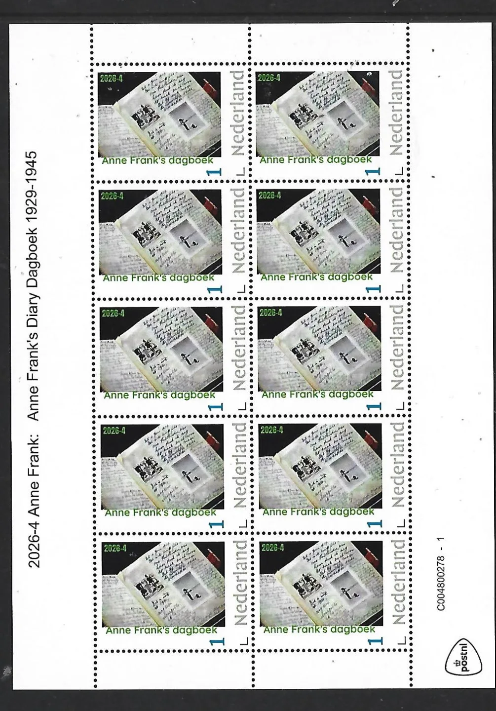 Nederland 2026-4 Anne Frank: Anne Frank's dagboek diary sheet postfris/mnh