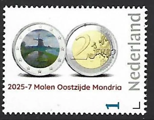 Netherlands 2025-7a Molen Windmill: Oostzijde Mondriaan coin on stamp MNH