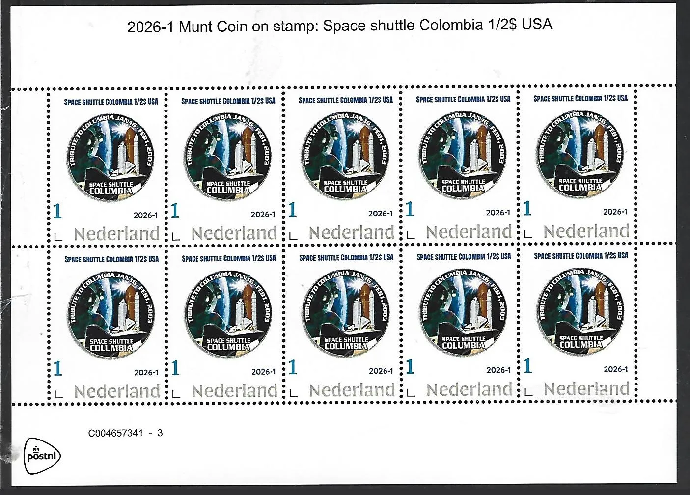 Netherlands 2026-1 Space Travel: Colombia Space shuttle sheet MNH