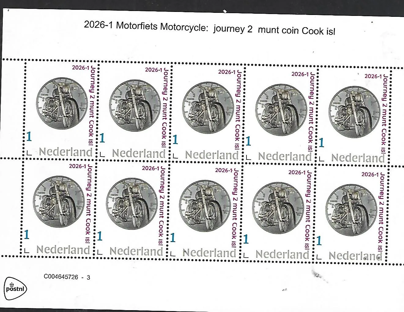 Nederland 2026-1 Motorfiets Motorcycle: Journey 2 coin Cook isl on stamp sheet postfris/mnh