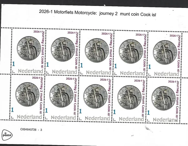 Netherlands 2026-1 Motorcycle: Journey 2 coin Cook Islands on stamp sheet MNH