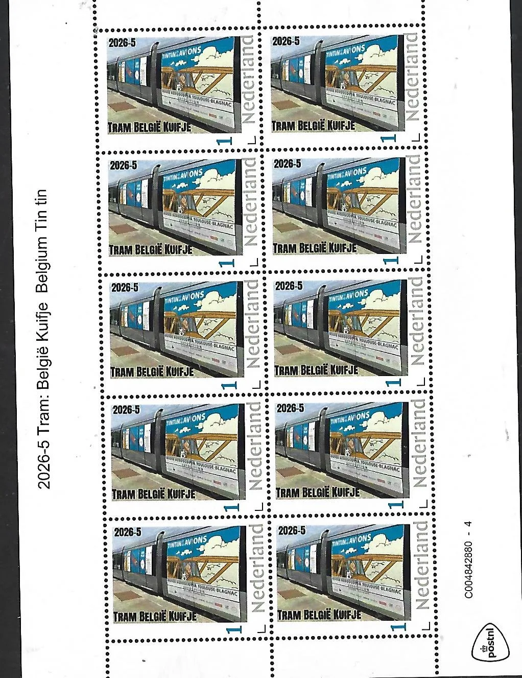 Netherlands 2026-5 Tram: Tram Belgium Tintin sheet MNH