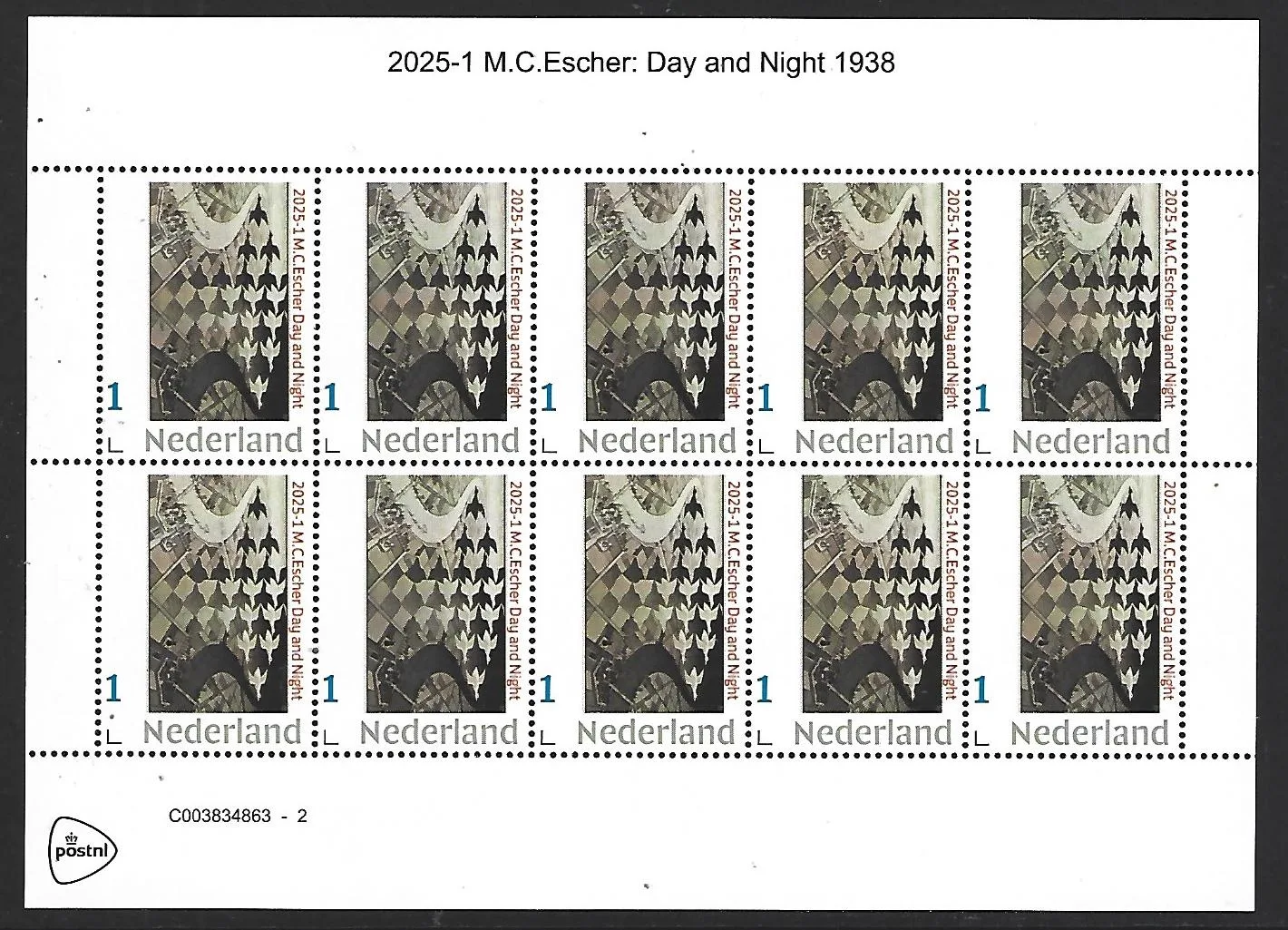 Nederland 2025-1 MC Escher Day and Night 1938 sheetlet postfris/mnh