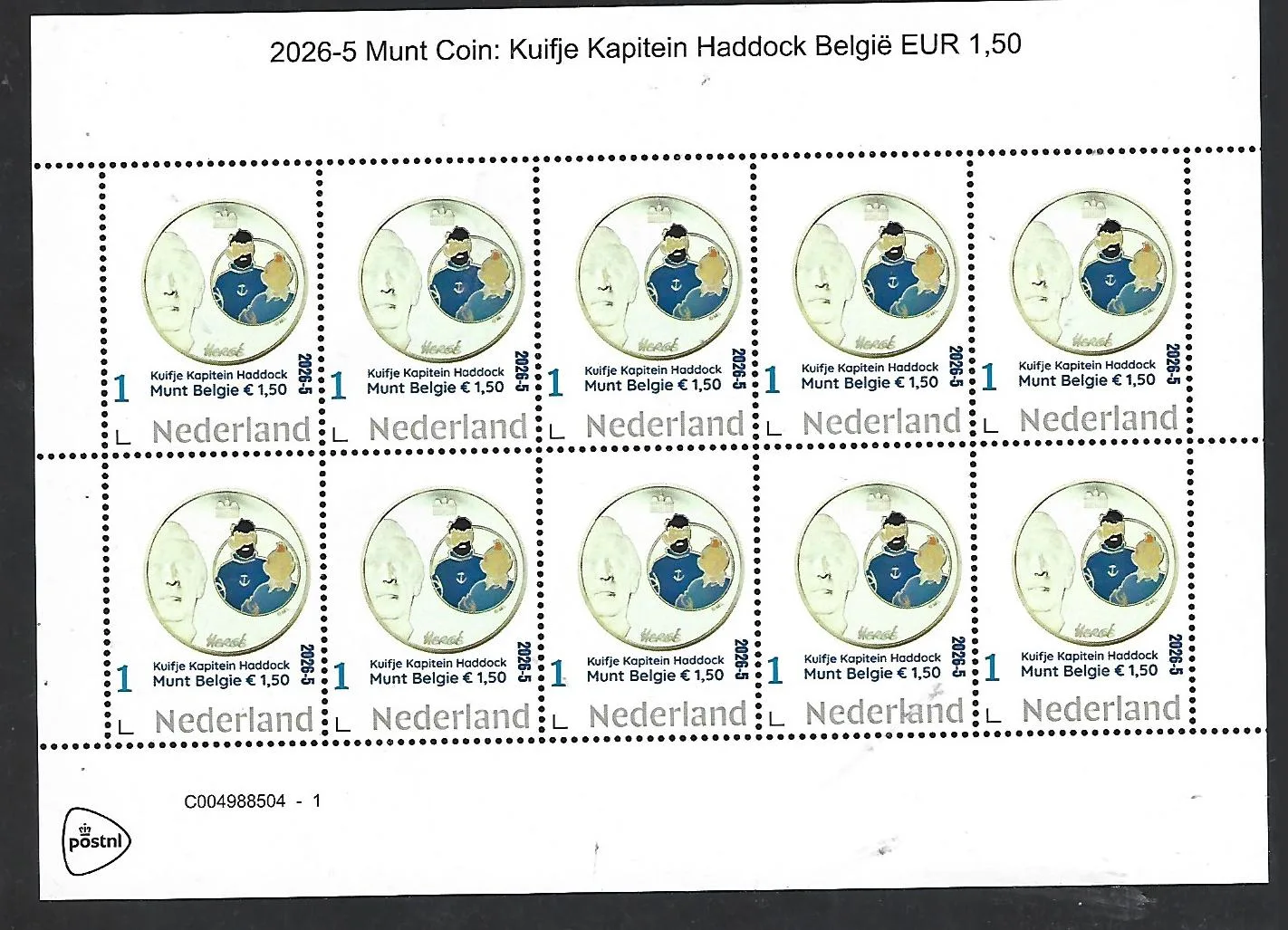 Nederland 2026-5 Coin on stamp mix Kuifje Tintin Belgium €1,50 sheet postfris/mnh