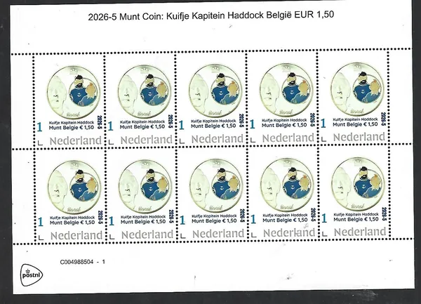 Netherlands 2026-5 Coin on stamp mix Tintin Belgium €1,50 sheet MNH