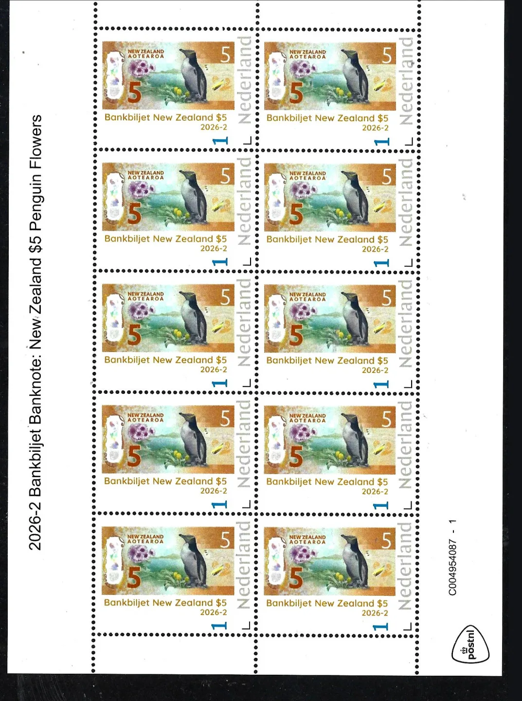 Nederland 2026-2 Bankbiljet Banknote: Pinguïn Penguin N.Zealand $5 sheet postfris/mnh