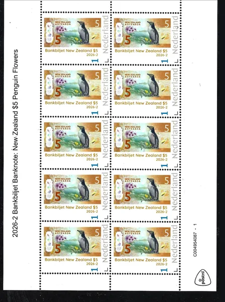 Nederland 2026-2 Bankbiljet Banknote: Pinguïn Penguin N.Zealand $5 sheet postfris/mnh
