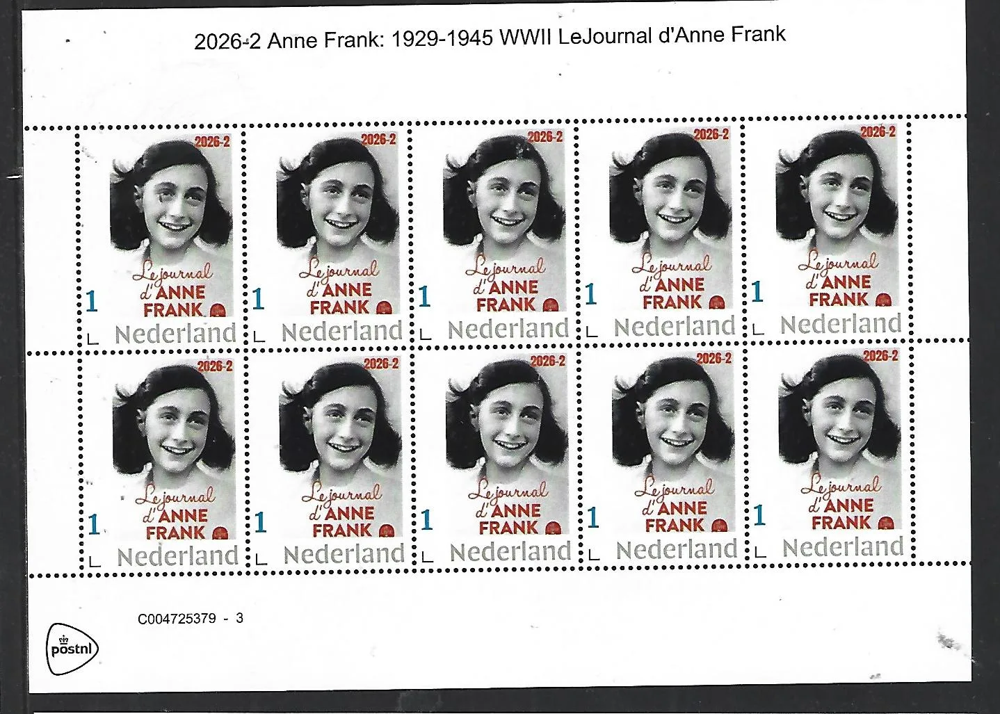 Netherlands 2026-2 Anne Frank: The Diary of Anne Frank sheet MNH