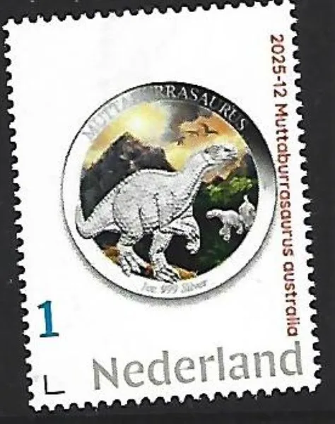 Nederlannd 2025-12 Prehistorie Prehistoric: Muttaburrasaurus australia $1coin on stamp postfris/mnh